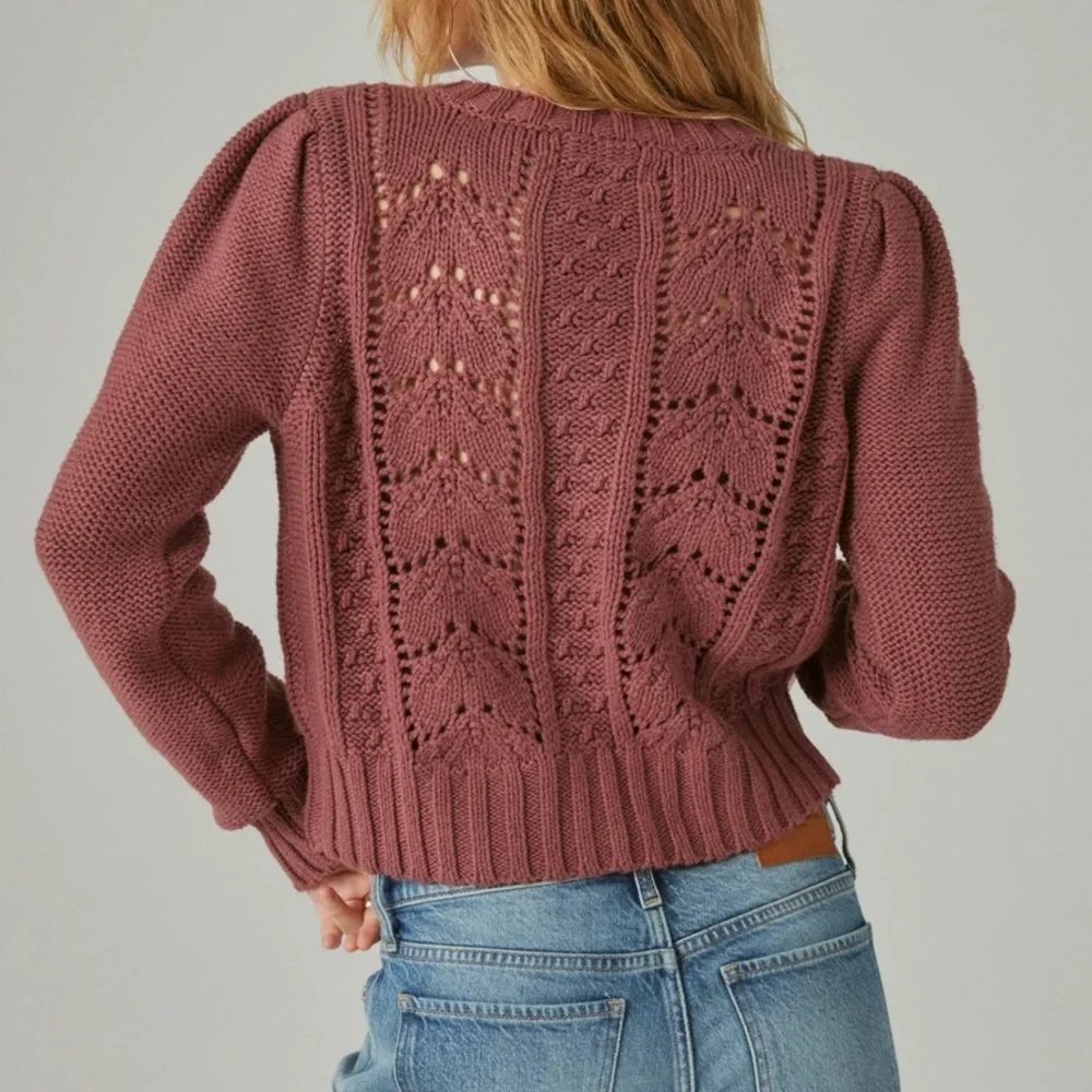 Lucky Brand Dusty Rose Embroidered Cable Knit Cardigan